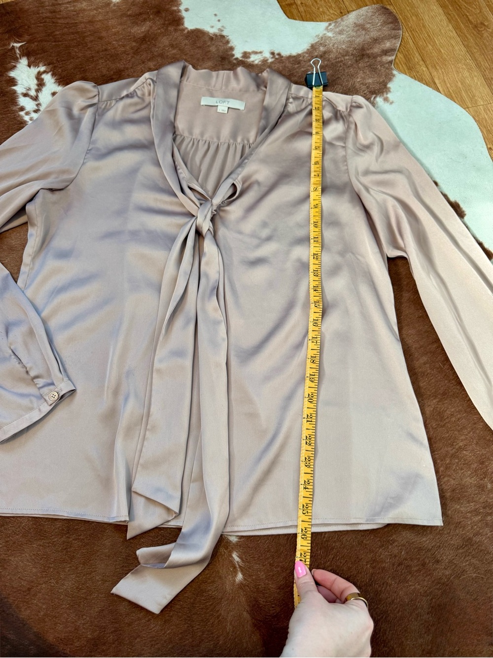 LOFT Mauve-Taupe Tie-Neck Blouse - Picture 7 of 7